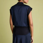 FLORERE Sleeveless Satin Top with Knit Rib Detail in Navy