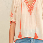 M.A.B.E Talia Embroidered Short Sleeve Top in Beige/Orange