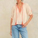 M.A.B.E Talia Embroidered Short Sleeve Top in Beige/Orange