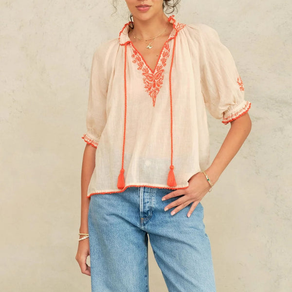 M.A.B.E Talia Embroidered Short Sleeve Top in Beige/Orange