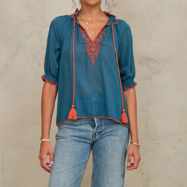 M.A.B.E Talia Embroidered Short Sleeve Top in Blue/Orange