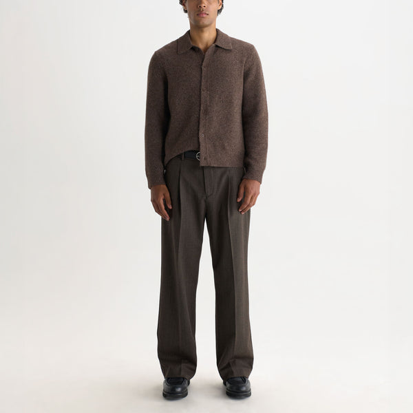 WAX LONDON Tristan Long Sleeve Fluffy Wool Blend Polo Neck Cardigan in Chocolate Brown