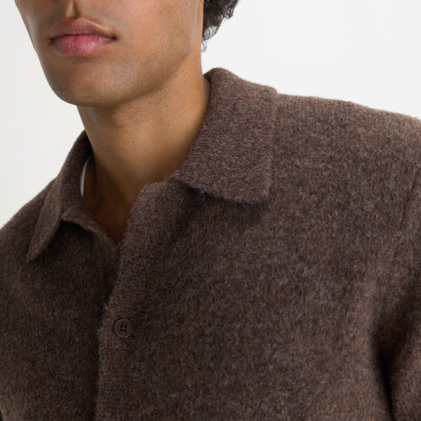 WAX LONDON Tristan Long Sleeve Fluffy Wool Blend Polo Neck Cardigan in Chocolate Brown