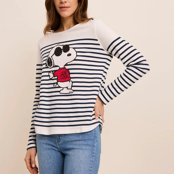FIVE Snoopy Stripe Long Sleeve T Shirt in Off White/Indigo