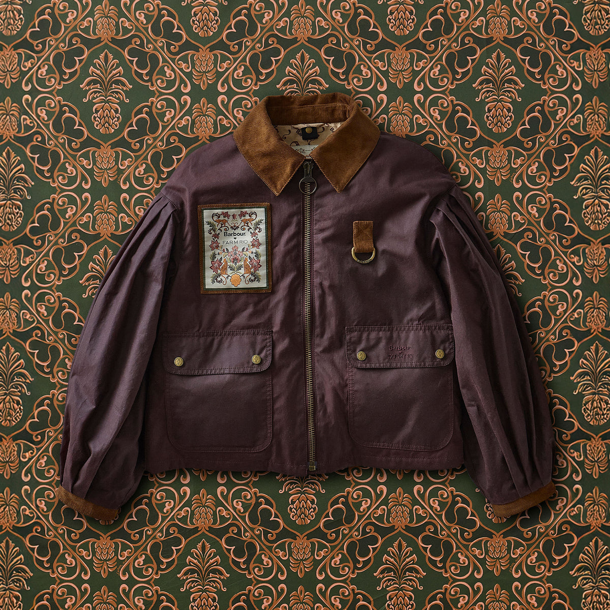 BARBOUR Barbour X Farm Rio Thais Wax Jacket in Bordeaux/Cream Heart Print