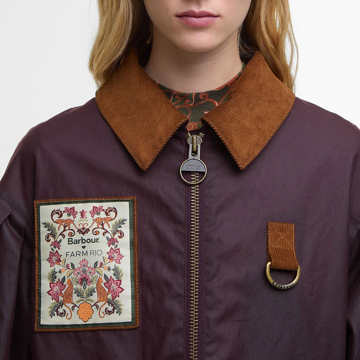 BARBOUR Barbour X Farm Rio Thais Wax Jacket in Bordeaux/Cream Heart Print