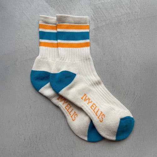 IVY ELLIS Ladies Merino Vintage Cotton Sport Socks in Ecru/Blue/Orange