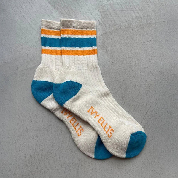 IVY ELLIS Ladies Merino Vintage Cotton Sport Socks in Ecru/Blue/Orange