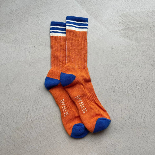 IVY ELLIS The Castlehill Men’s Slub Crew Length Socks in Orange & Cobalt Blue