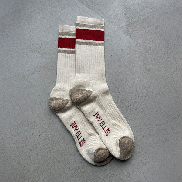IVY ELLIS The Joe Mens Crew Length Socks in Cream/Gold/Red