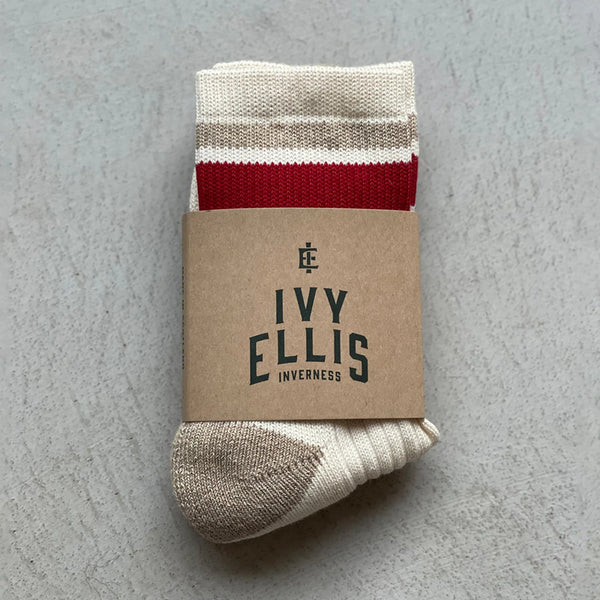 IVY ELLIS The Joe Mens Crew Length Socks in Cream/Gold/Red