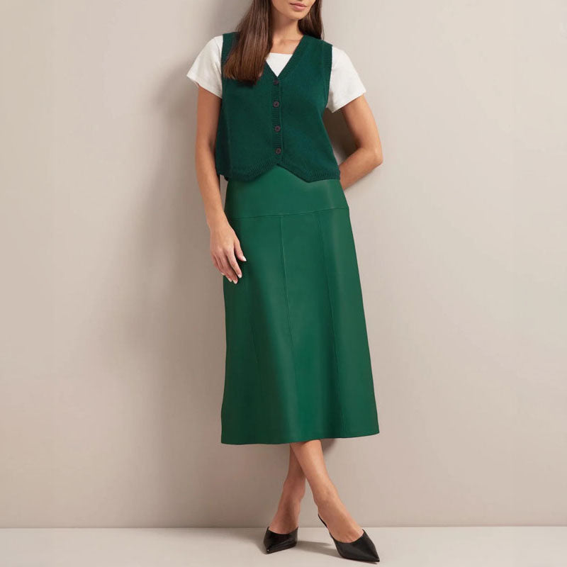 CEFINN Tiana Leather Midi Skirt in Dark Green
