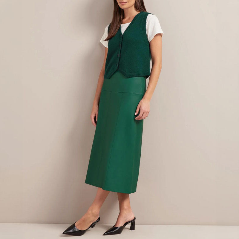 CEFINN Tiana Leather Midi Skirt in Dark Green