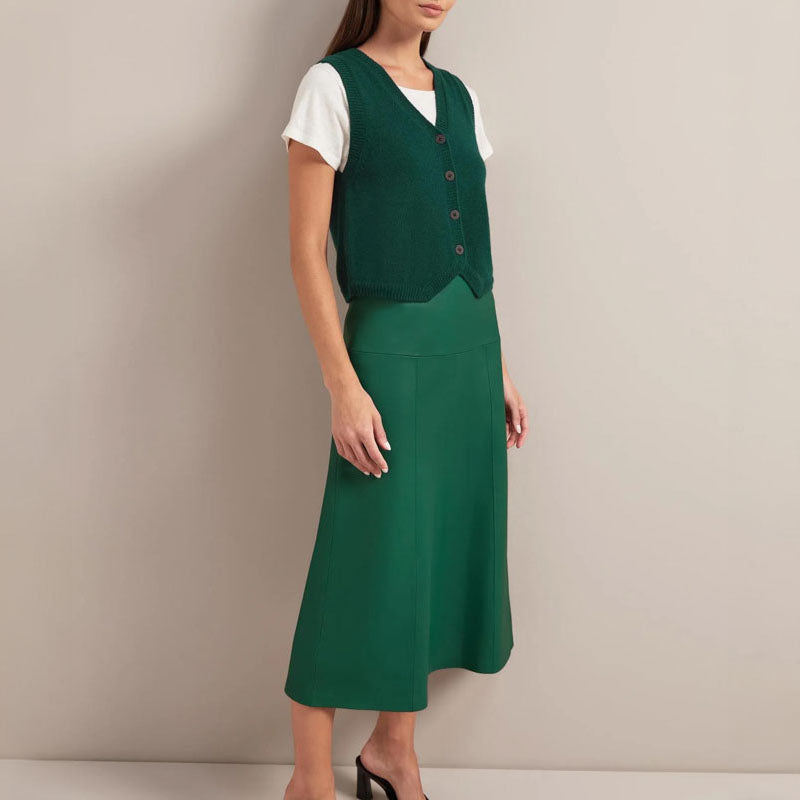 CEFINN Tiana Leather Midi Skirt in Dark Green