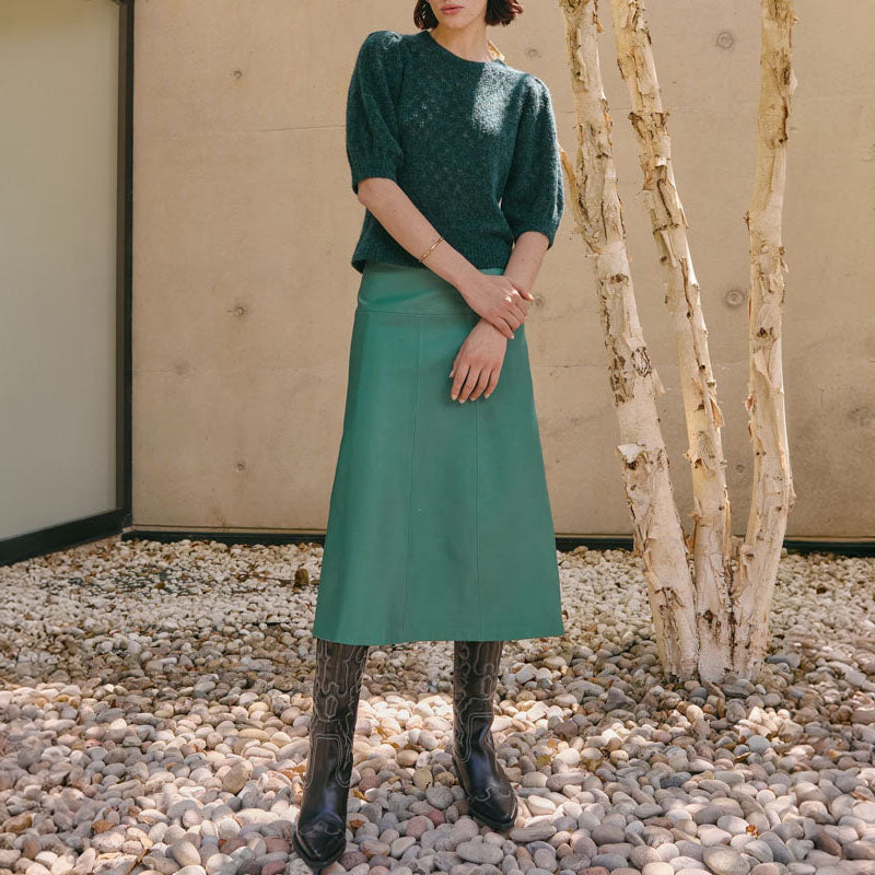 CEFINN Tiana Leather Midi Skirt in Dark Green