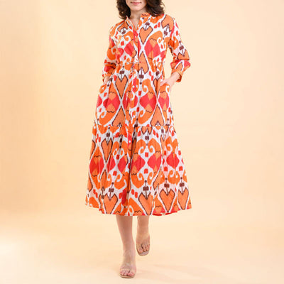 HANDPRINT DREAM APPAREL Tuscany Dress in Ikat Coral