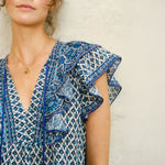 M.A.B.E Viti Print Frill Top in Blue