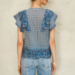 M.A.B.E Viti Print Frill Top in Blue