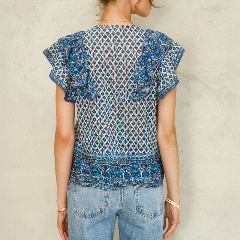 M.A.B.E Viti Print Frill Top in Blue