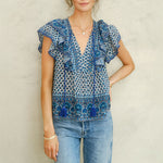 M.A.B.E Viti Print Frill Top in Blue
