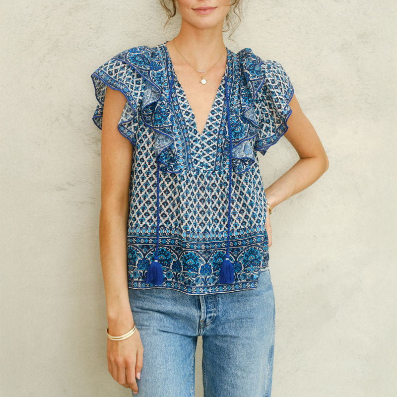 M.A.B.E Viti Print Frill Top in Blue