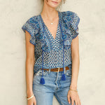 M.A.B.E Viti Print Frill Top in Blue