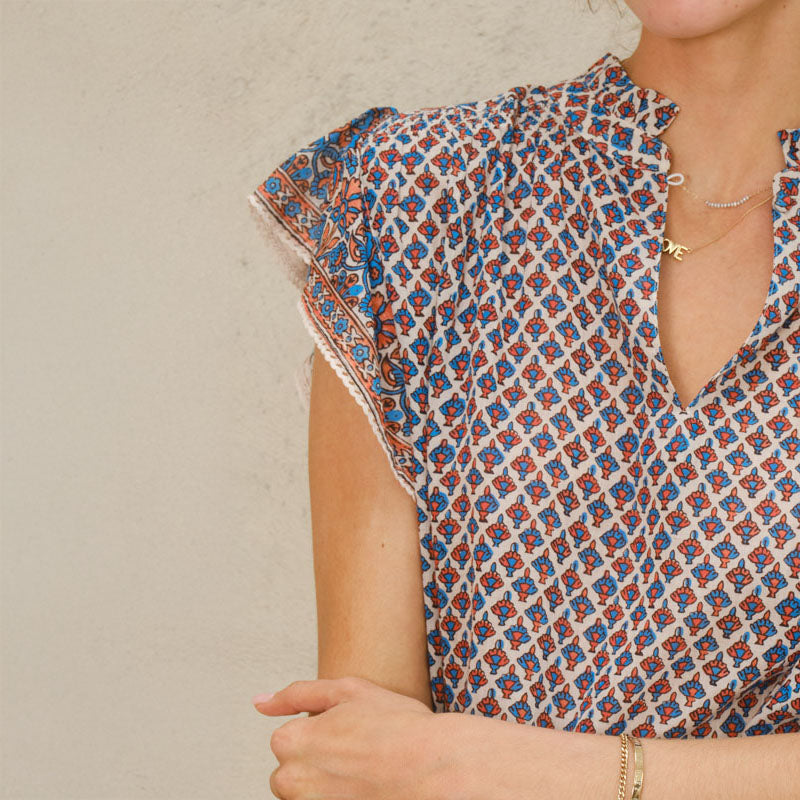 M.A.B.E Viti Print Short Sleeve Top in Orange/Turquoise