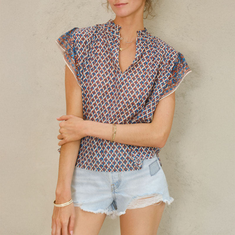 M.A.B.E Viti Print Short Sleeve Top in Orange/Turquoise