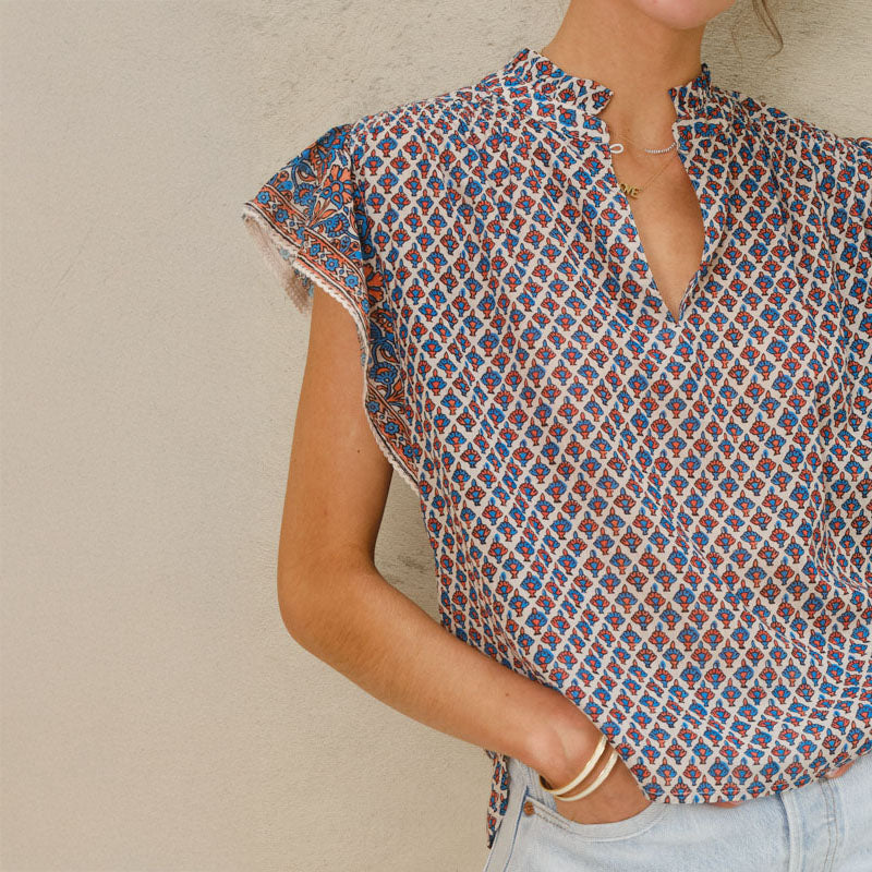 M.A.B.E Viti Print Short Sleeve Top in Orange/Turquoise