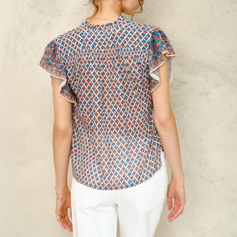 M.A.B.E Viti Print Short Sleeve Top in Orange/Turquoise