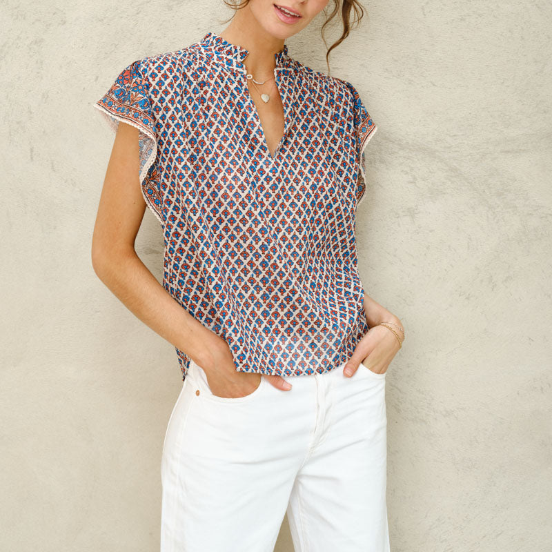 M.A.B.E Viti Print Short Sleeve Top in Orange/Turquoise
