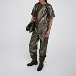 RABENS SALONER Foiled Ripstop Gathered Top in Metallic Olive