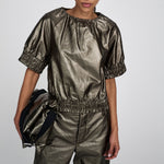 RABENS SALONER Foiled Ripstop Gathered Top in Metallic Olive