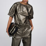 RABENS SALONER Foiled Ripstop Gathered Top in Metallic Olive