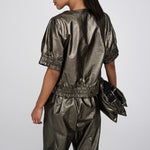 RABENS SALONER Foiled Ripstop Gathered Top in Metallic Olive
