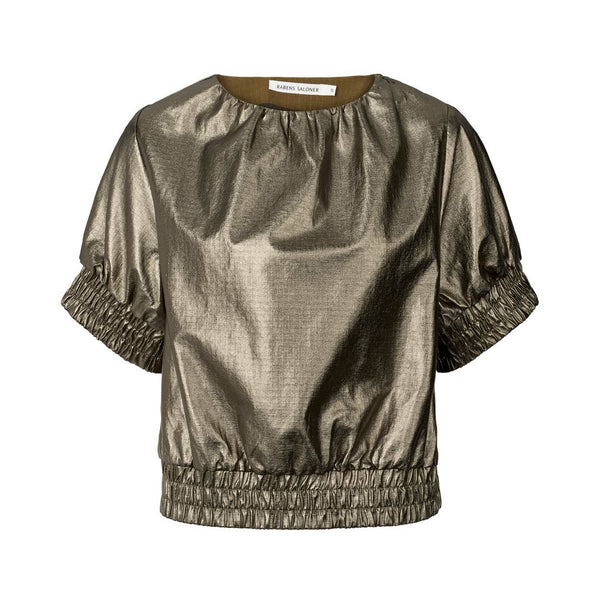 RABENS SALONER Foiled Ripstop Gathered Top in Metallic Olive