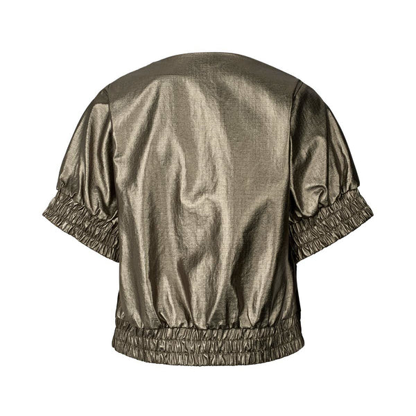 RABENS SALONER Foiled Ripstop Gathered Top in Metallic Olive