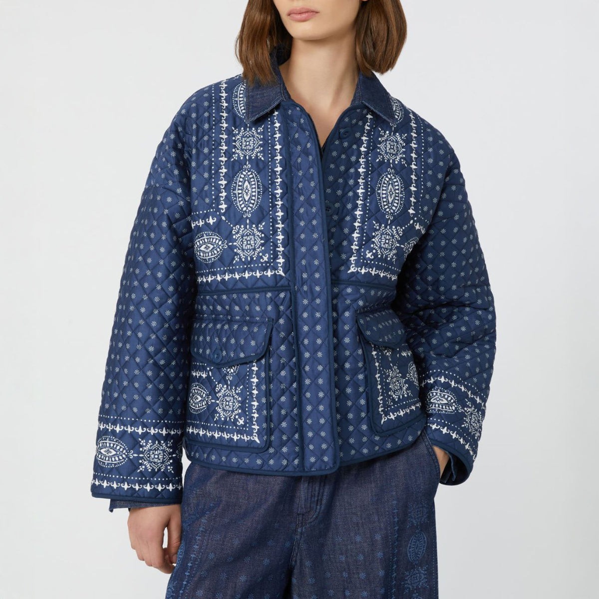 WEEKEND MAX MARA Jader Quilted Cotton Crew-Neck Jacket in Navy Print