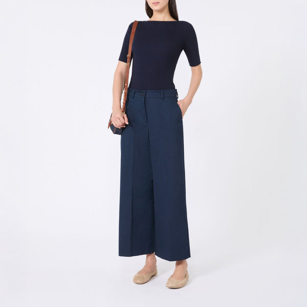 WEEKEND MAX MARA Urial Cotton Satin Cropped Trousers in Navy