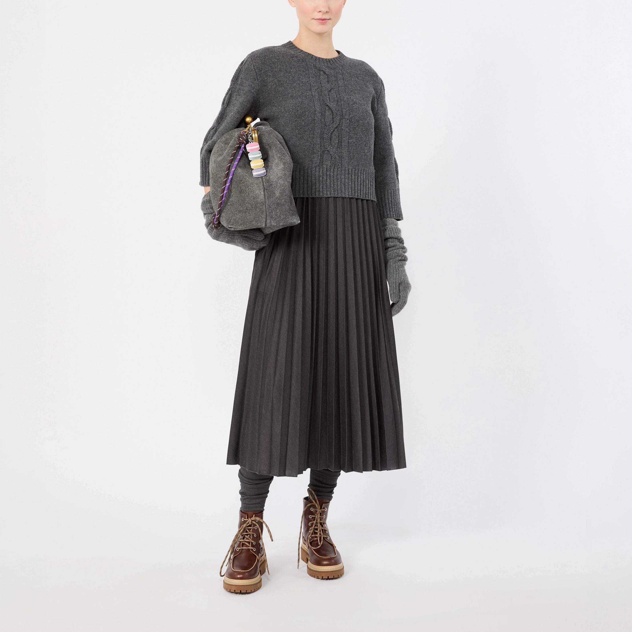 WEEKEND MAX MARA WKDCalco Pleated Midi Dress with Cable Knit Jumper in Dark Grey