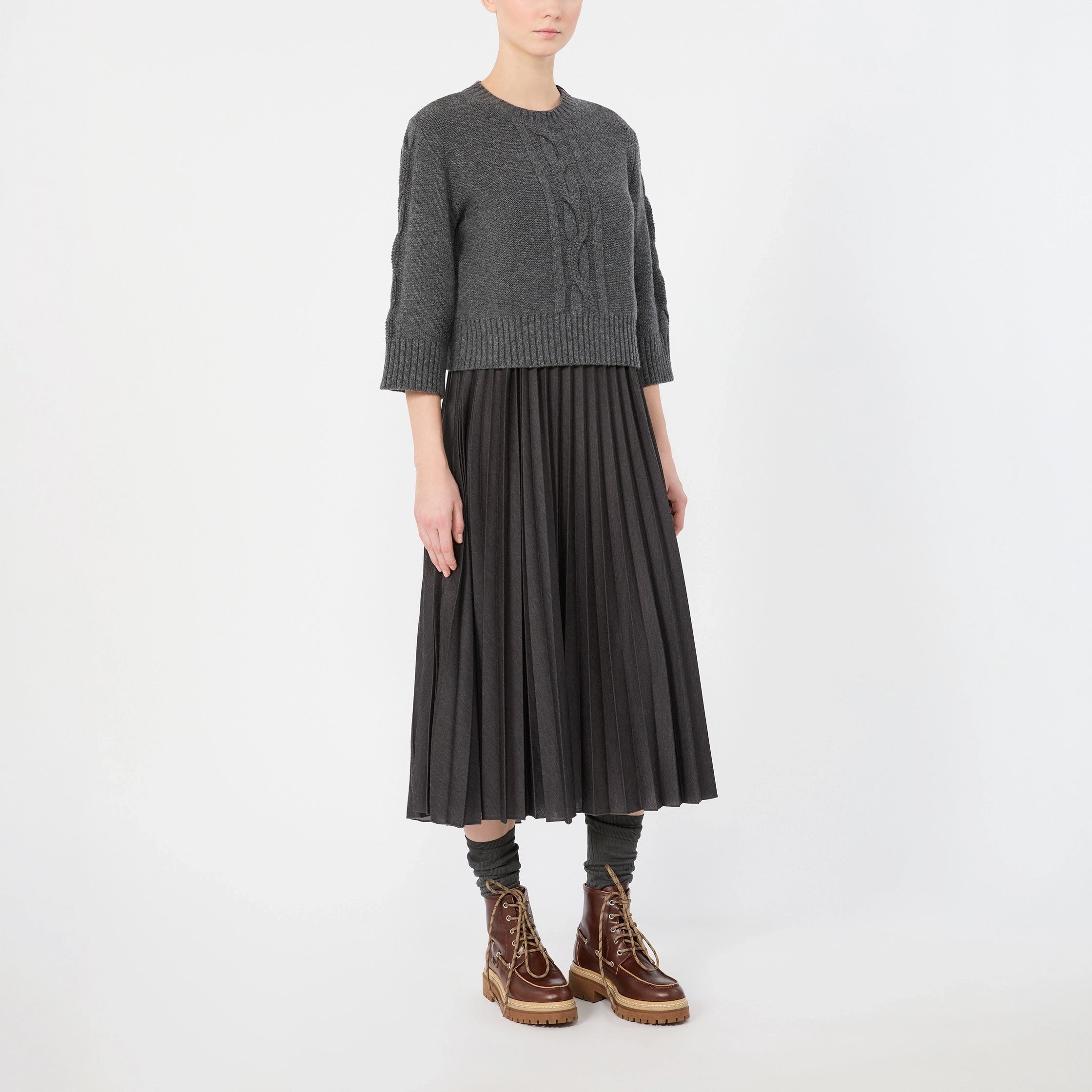 WEEKEND MAX MARA WKDCalco Pleated Midi Dress with Cable Knit Jumper in Dark Grey
