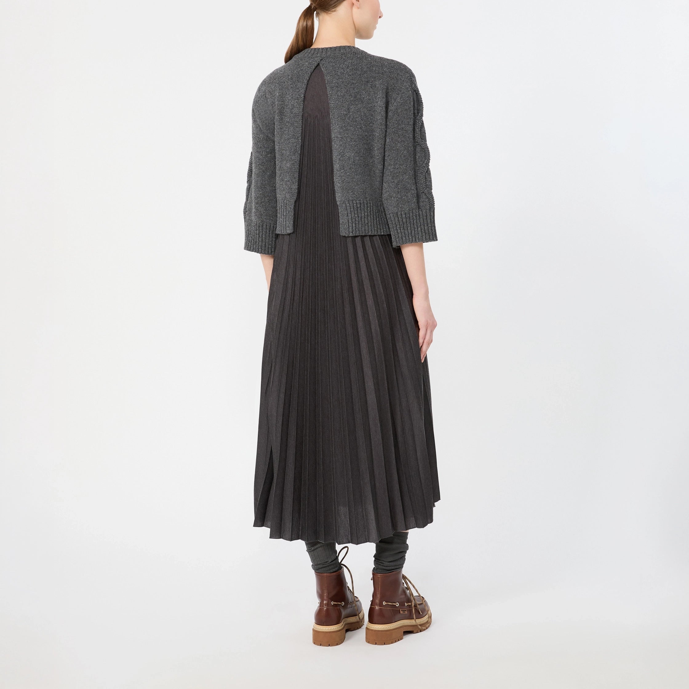 WEEKEND MAX MARA WKDCalco Pleated Midi Dress with Cable Knit Jumper in Dark Grey