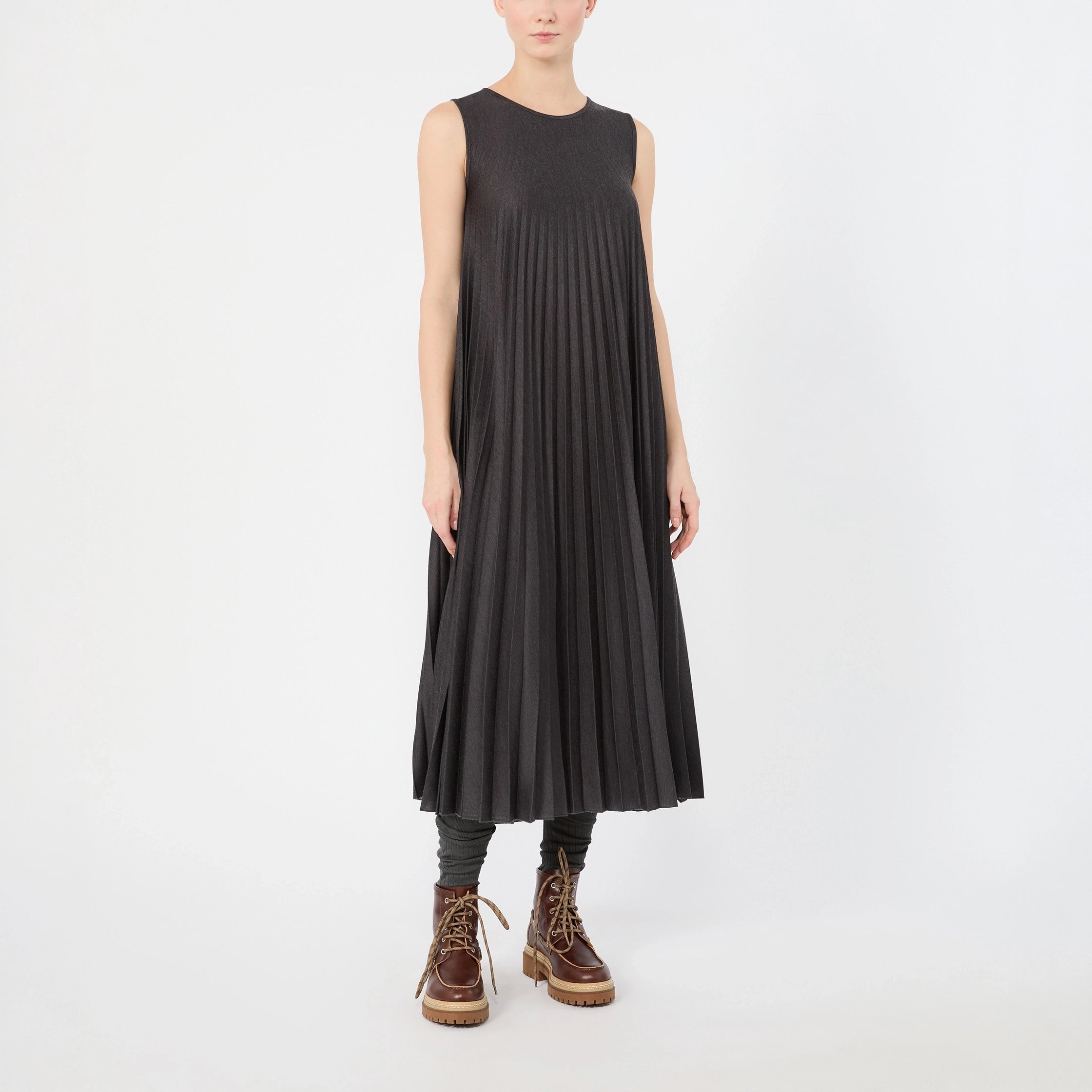 WEEKEND MAX MARA WKDCalco Pleated Midi Dress with Cable Knit Jumper in Dark Grey