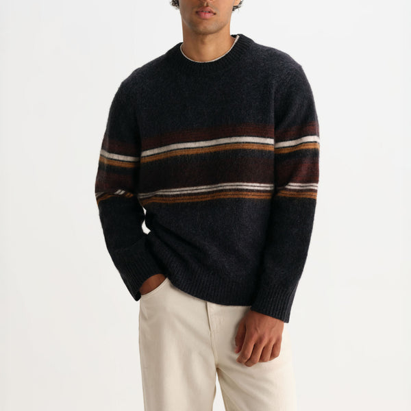 WAX LONDON Wilde Crewneck Brush Bold Stripe Jumper in Charcoal/Brown