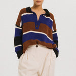 TINSELS Winner 1/2 Button Up Stripe Jumper in Brown