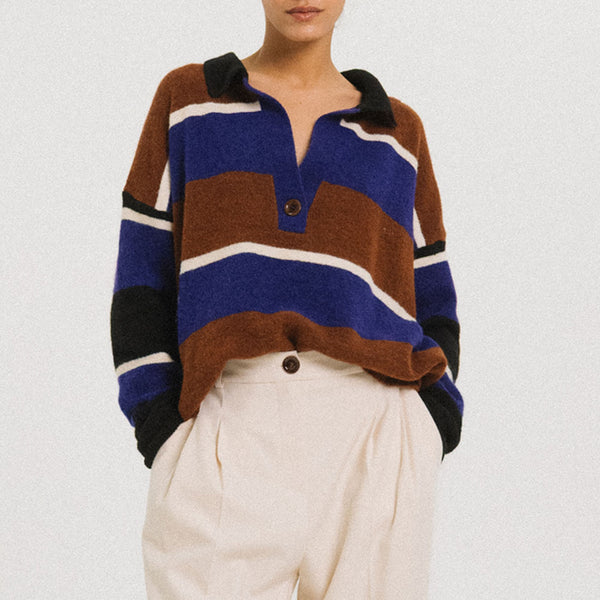 TINSELS Winner 1/2 Button Up Stripe Jumper in Brown