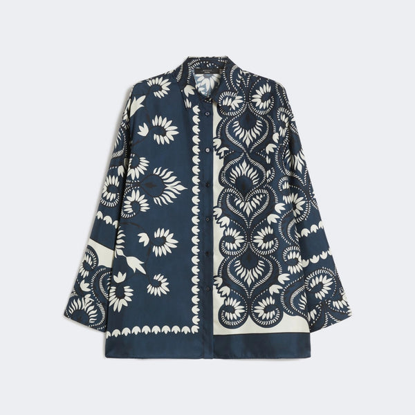 WEEKEND MAX MARA WKDLastra Printed Silk Patchwork Shirt in Navy