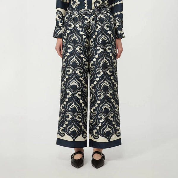 WEEKEND MAX MARA WKDOttico Fluid Printed Silk Trousers in Navy