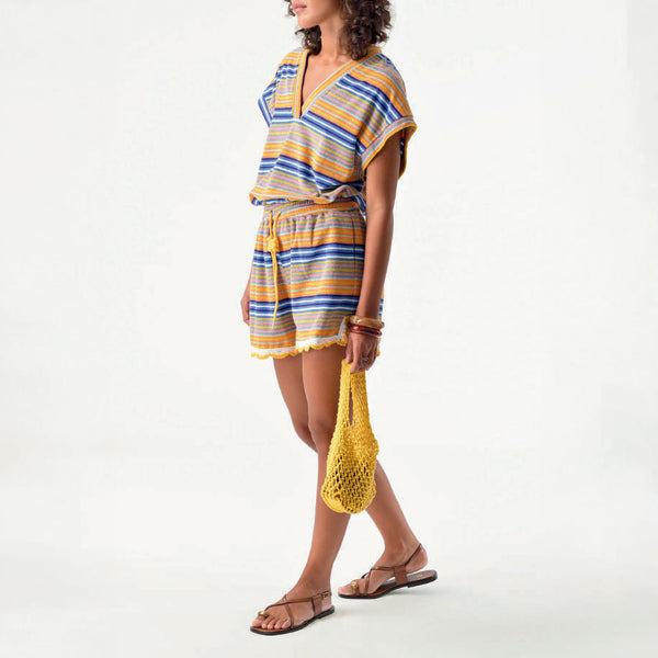 ORFEO Ruben Terry Shorts with Crochet Details in Orange Stripes