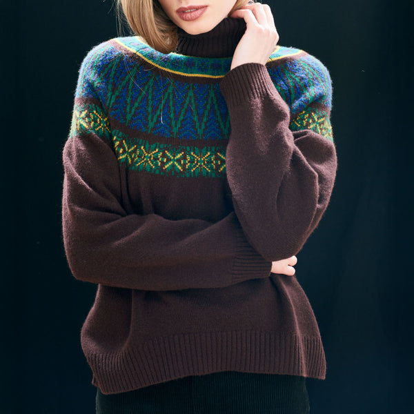 JUMPER 1234 Fairisle Roll Collar Jumper in Hickory/Dark Violet/Amber